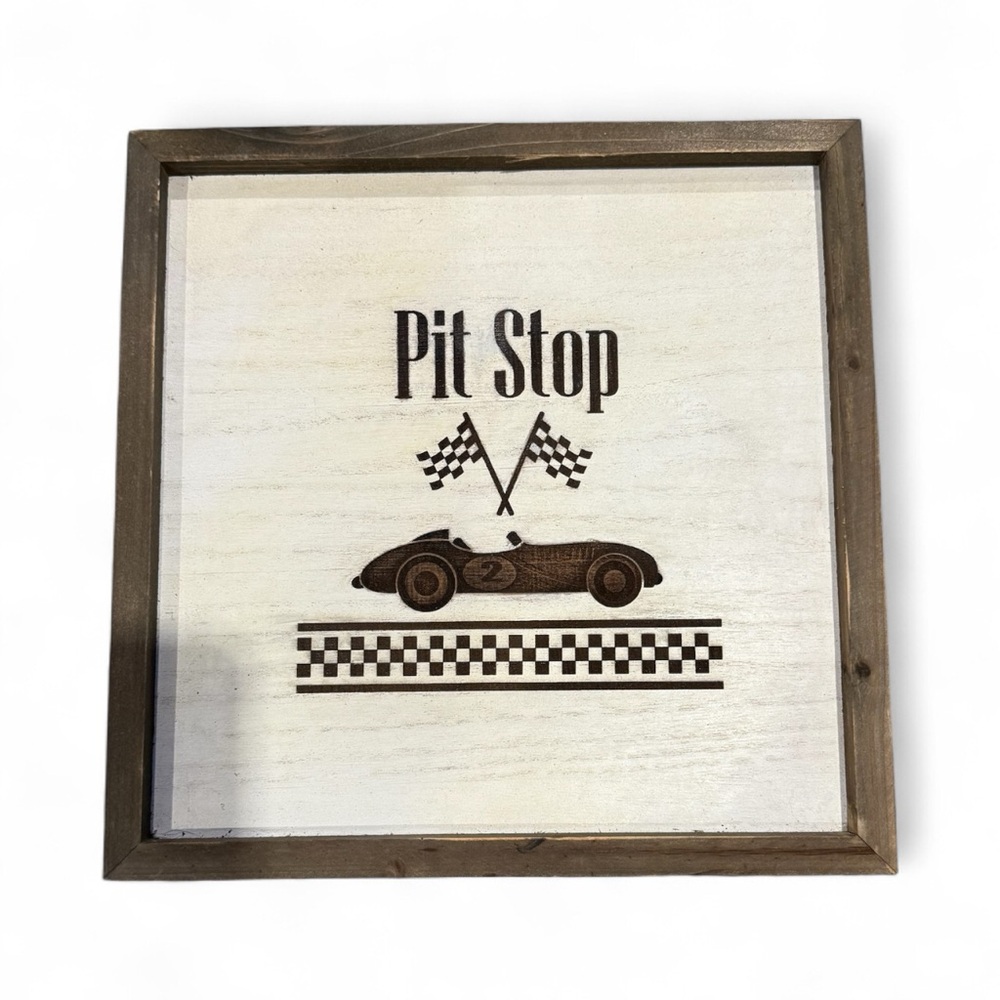 12x12 Wooden Framed “Pit Stop” Engraved Sign for 2nd Birthday Racing Theme